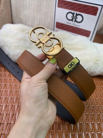 1:1 Ferragamo Brown&Black Leather Belt  with Gold  Double Logo buckle 3.5cm